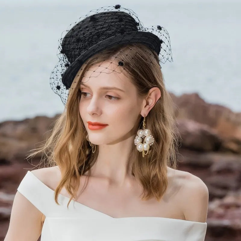 EE 2397  through white gauze plaid restoring ancient ways English jockey club banquet small female summer hat hat