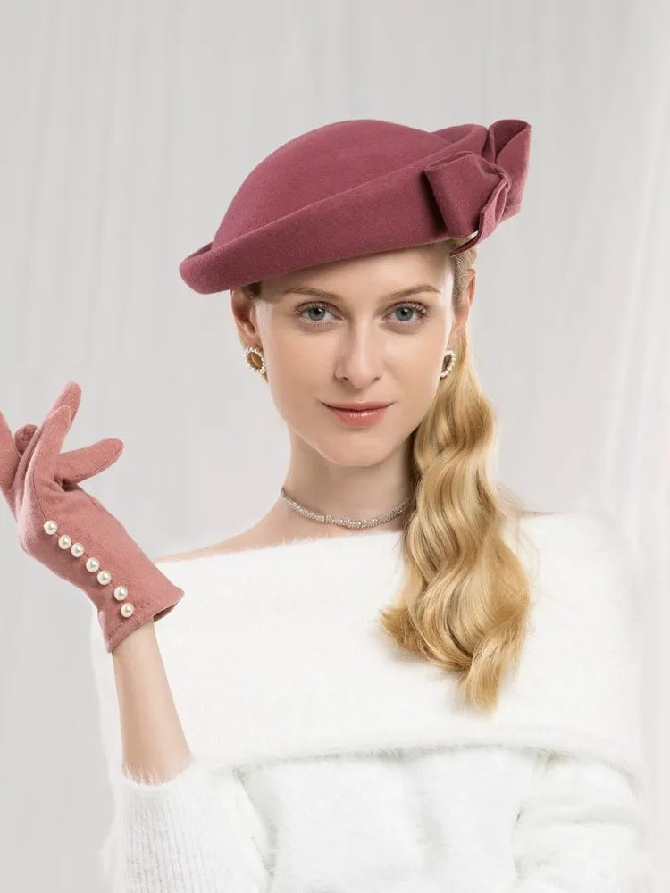 Elegant Wool Cocktail Pillbox Hat with Bow Wedding Party Church Derby Fascinator with Hair Clip 3003