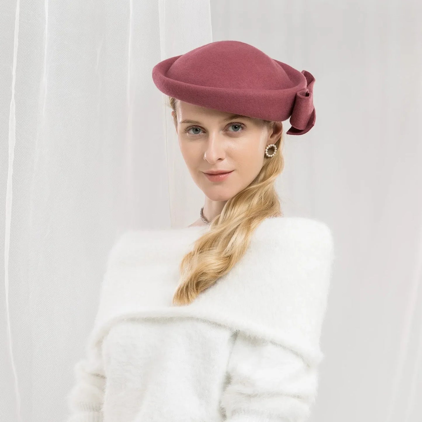 Elegant Wool Cocktail Pillbox Hat with Bow Wedding Party Church Derby Fascinator with Hair Clip 3003