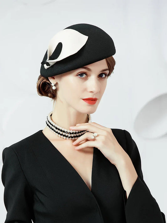 FADVES Vintage Style Wool Felt Pillbox Fascinator Hat, Black with White Bow, British Wedding Church Derby Formal Wear