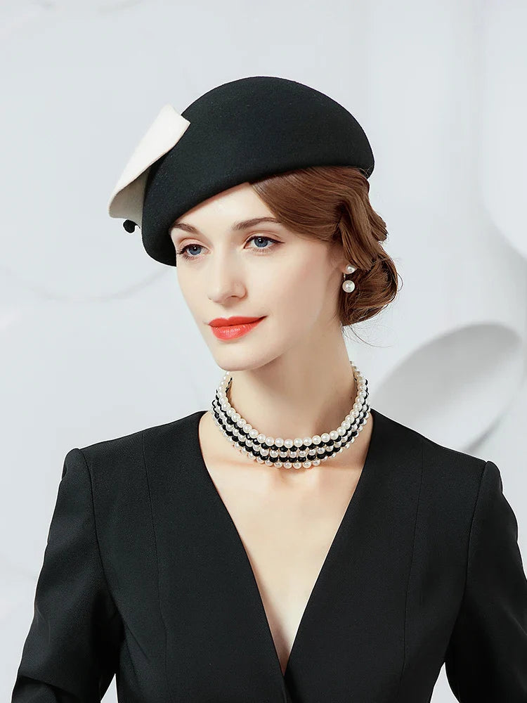 FADVES Vintage Style Wool Felt Pillbox Fascinator Hat, Black with White Bow, British Wedding Church Derby Formal Wear