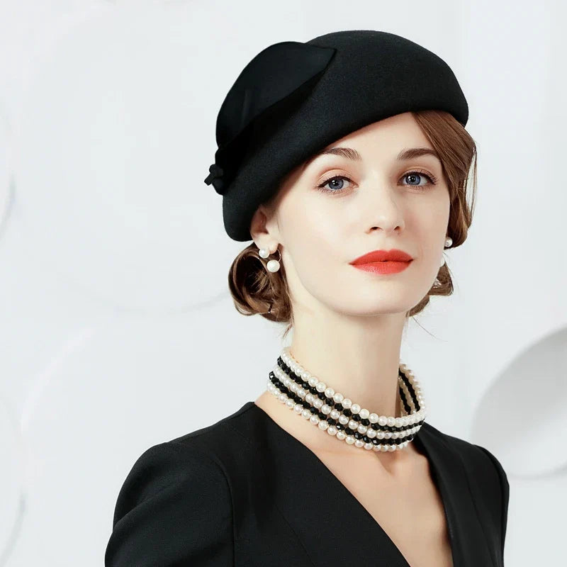 FADVES Vintage Style Wool Felt Pillbox Fascinator Hat, Black with White Bow, British Wedding Church Derby Formal Wear