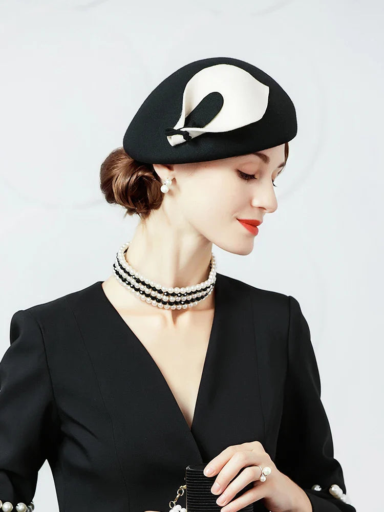 FADVES Vintage Style Wool Felt Pillbox Fascinator Hat, Black with White Bow, British Wedding Church Derby Formal Wear