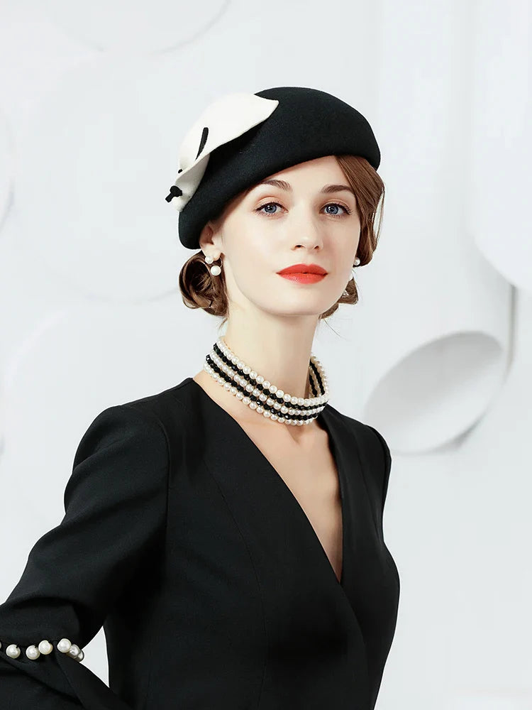 FADVES Vintage Style Wool Felt Pillbox Fascinator Hat, Black with White Bow, British Wedding Church Derby Formal Wear