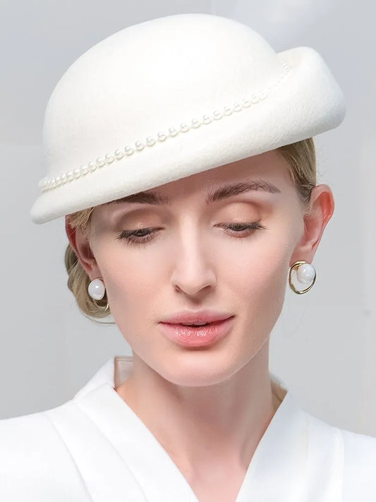Women's Winter Pearl Wool Special Occasion Cocktail Bowler Hats Church Hats