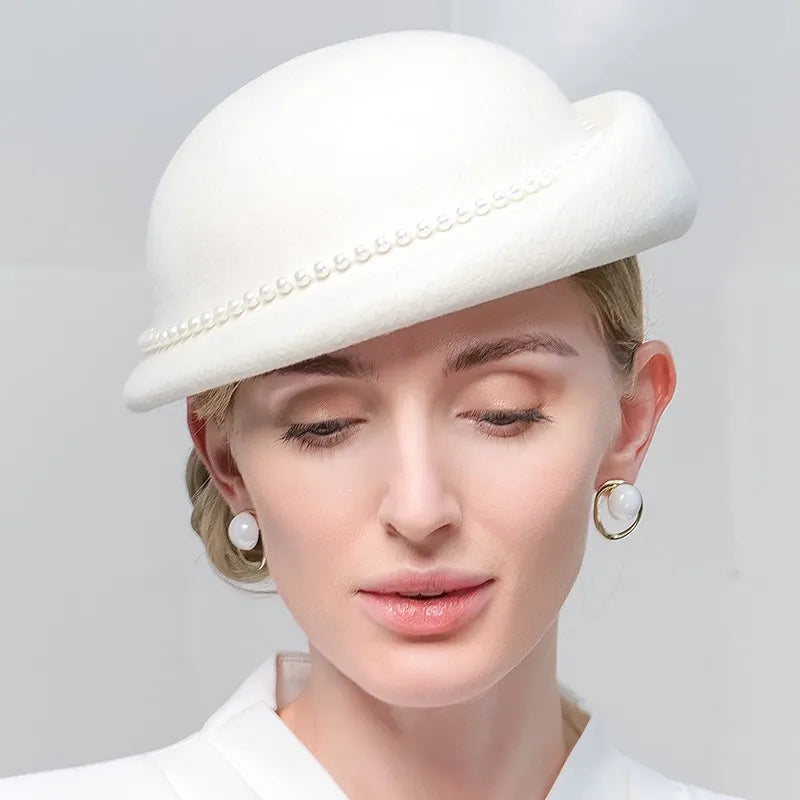 Women's Winter Pearl Wool Special Occasion Cocktail Bowler Hats Church Hats