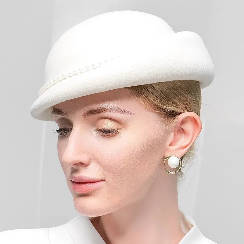 Women's Winter Pearl Wool Special Occasion Cocktail Bowler Hats Church Hats
