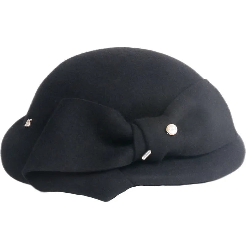 FADVES Elegant Wool Felt Beret Hat for Women, White Fascinator Pillbox Style with Bow, Formal Church Wedding Cocktail Party Dress