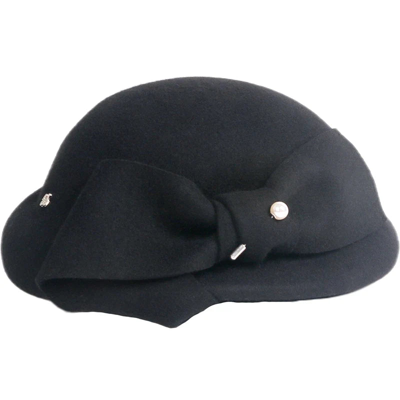 FADVES Elegant Wool Felt Beret Hat for Women, White Fascinator Pillbox Style with Bow, Formal Church Wedding Cocktail Party Dress