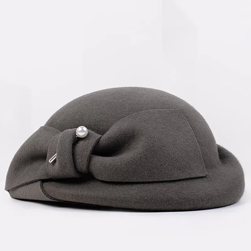 FADVES Elegant Wool Felt Beret Hat for Women, White Fascinator Pillbox Style with Bow, Formal Church Wedding Cocktail Party Dress