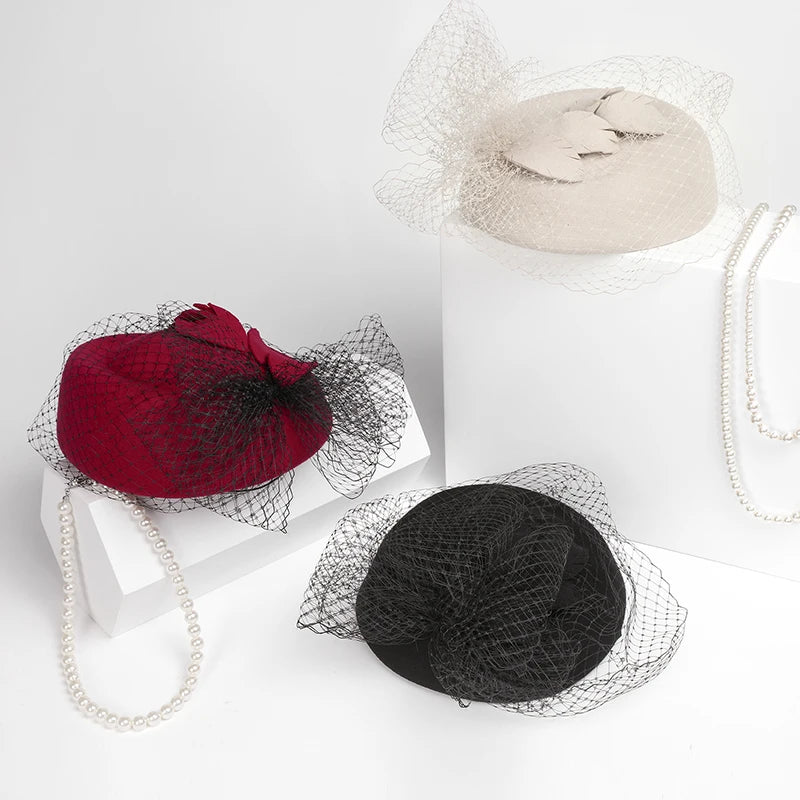 EE  3032 New British Yarn Mesh Woolen Little Top Hat Celebrity Dress Hat Elegant Versatile Hat Women