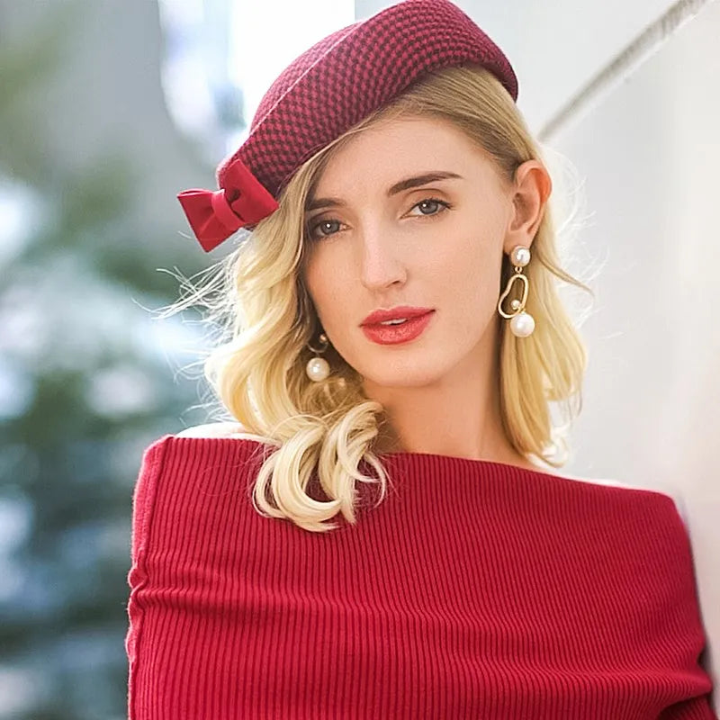 Vintage Style Pillbox Hat, Red Textured Fascinator with Bow, Wedding Party Church Derby Headpiece 3034