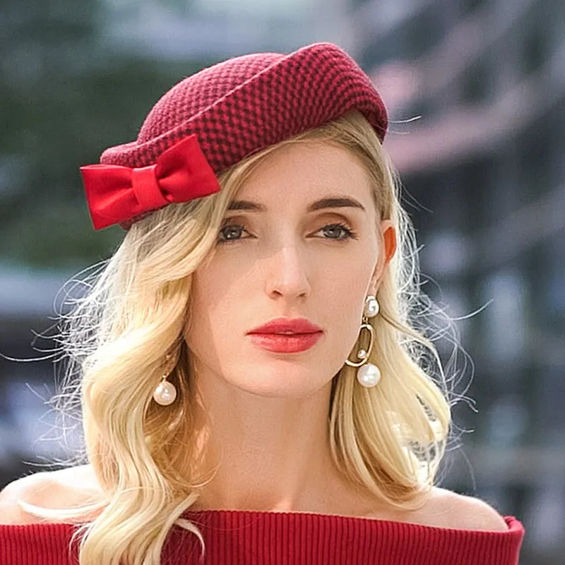 Vintage Style Pillbox Hat, Red Textured Fascinator with Bow, Wedding Party Church Derby Headpiece 3034