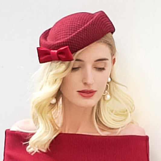 Vintage Style Pillbox Hat, Red Textured Fascinator with Bow, Wedding Party Church Derby Headpiece 3034