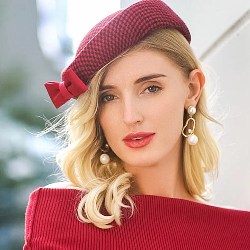 Vintage Style Pillbox Hat, Red Textured Fascinator with Bow, Wedding Party Church Derby Headpiece 3034