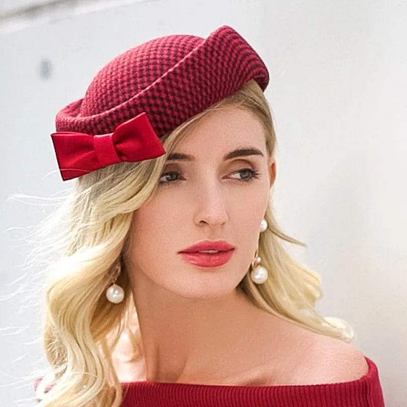 Vintage Style Pillbox Hat, Red Textured Fascinator with Bow, Wedding Party Church Derby Headpiece 3034