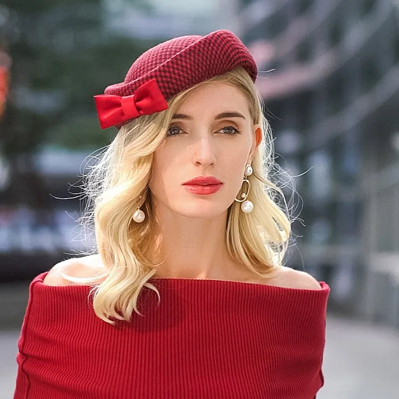Vintage Style Pillbox Hat, Red Textured Fascinator with Bow, Wedding Party Church Derby Headpiece 3034