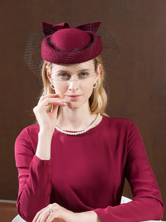 EE 3054  new winter wool yarn net adult homburg bowknot female British socialite banquet wine red hat