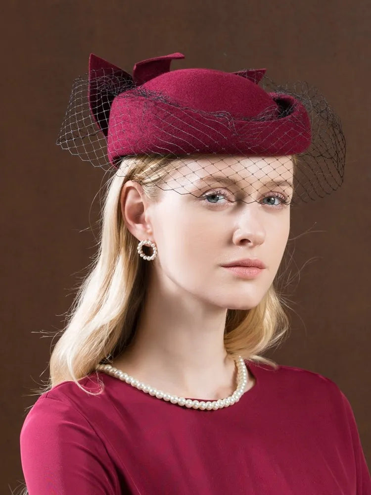EE 3054  new winter wool yarn net adult homburg bowknot female British socialite banquet wine red hat