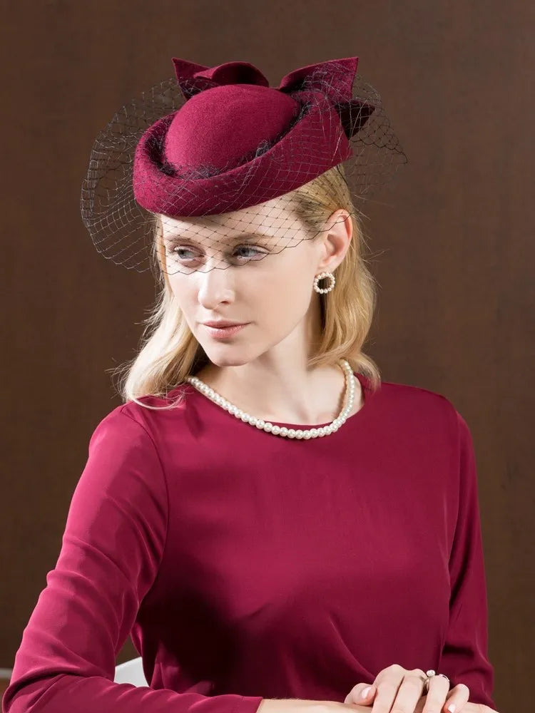 EE 3054  new winter wool yarn net adult homburg bowknot female British socialite banquet wine red hat
