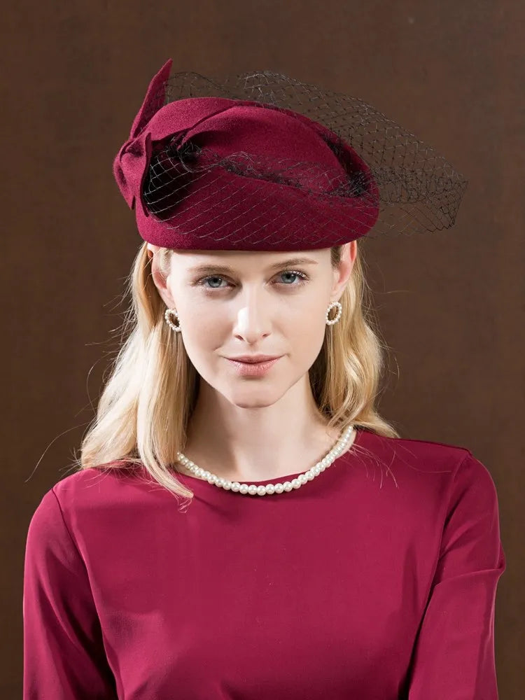 EE 3054  new winter wool yarn net adult homburg bowknot female British socialite banquet wine red hat