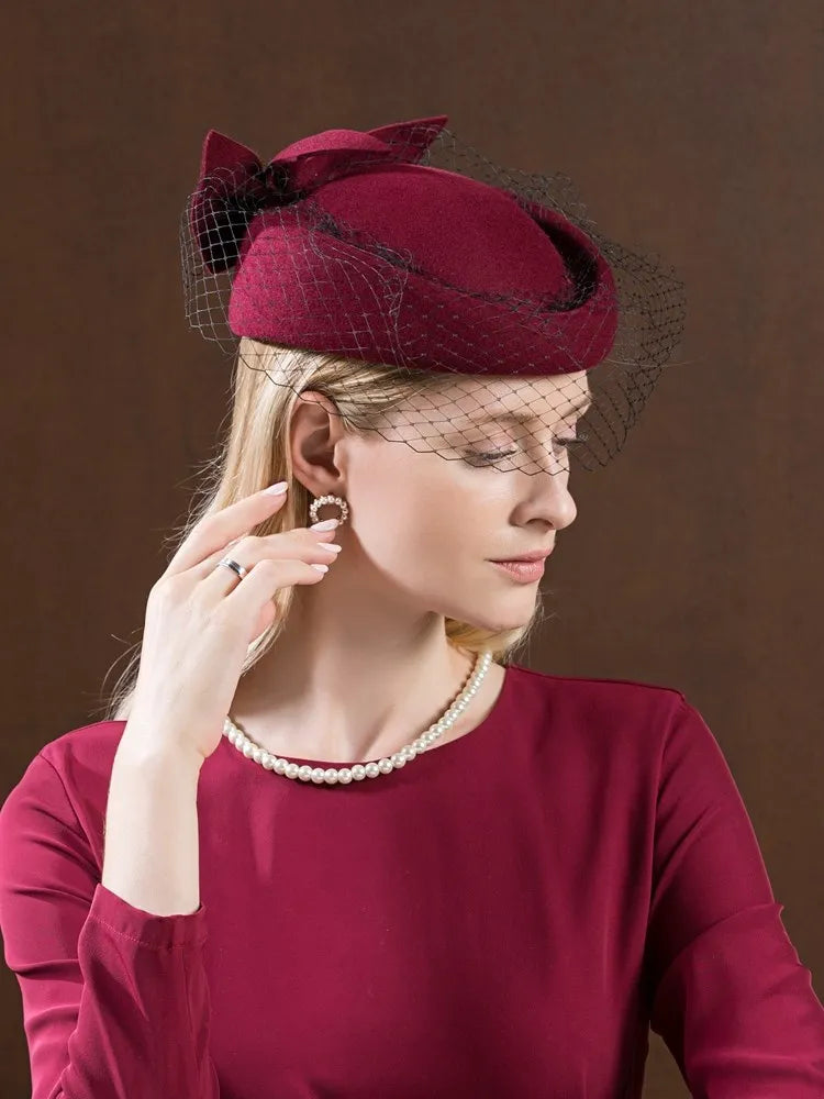 EE 3054  new winter wool yarn net adult homburg bowknot female British socialite banquet wine red hat