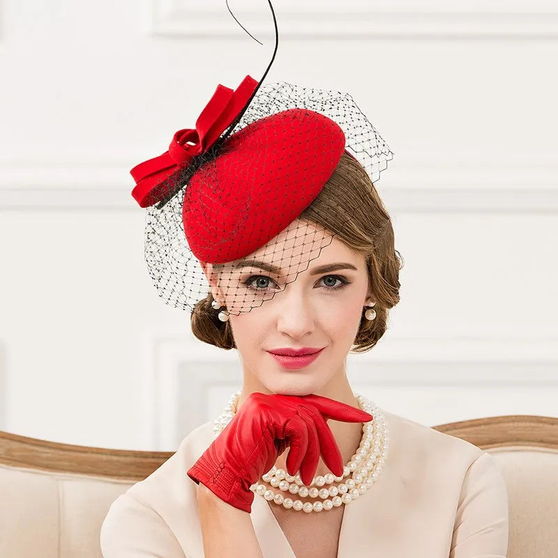 EE 3072  new winter joker wool hat British socialite little red feather winter hats women dress party