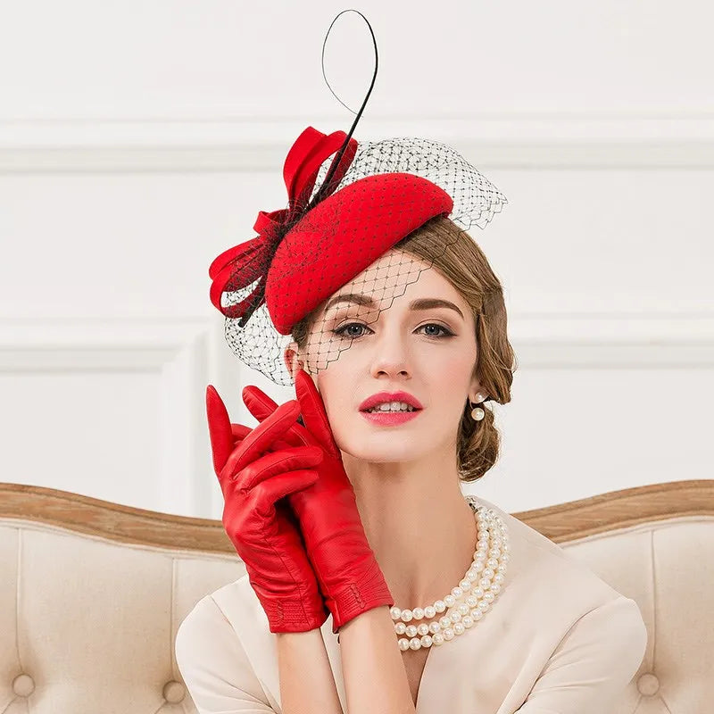 EE 3072  new winter joker wool hat British socialite little red feather winter hats women dress party