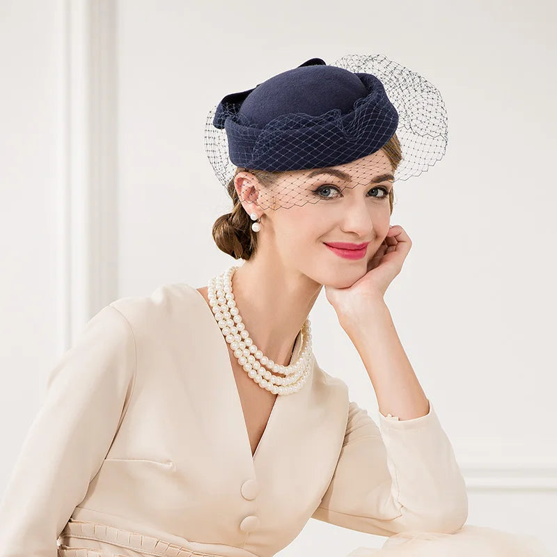 FADVES British Vintage Wool Felt Pillbox Hat Ladies Church Derby Winter Fascinator Hat Veil Fedoras