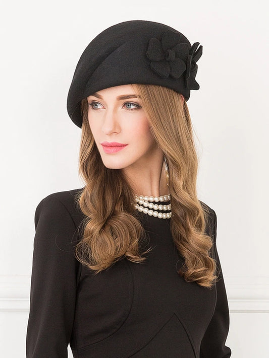 EE 3087  100% Wool Hat/ French Beret/ Vintage /Elegant/Special Occasion/ Casual Headpiece Christmas/ Hats with Floral Casual