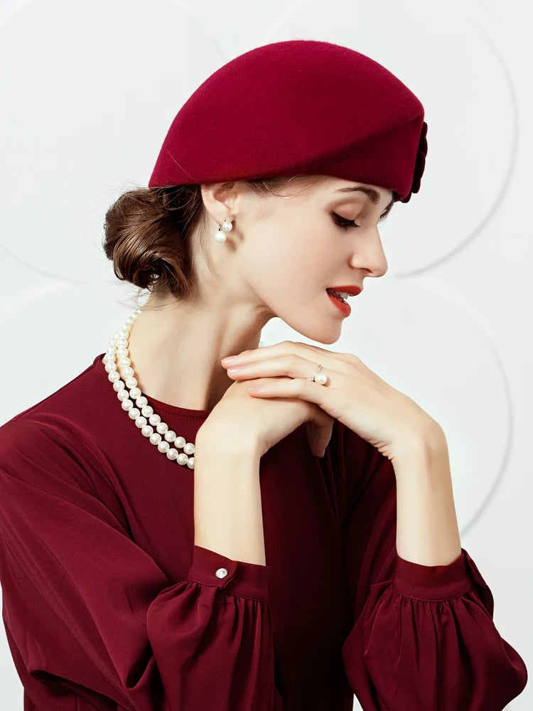 EE 3087  100% Wool Hat/ French Beret/ Vintage /Elegant/Special Occasion/ Casual Headpiece Christmas/ Hats with Floral Casual
