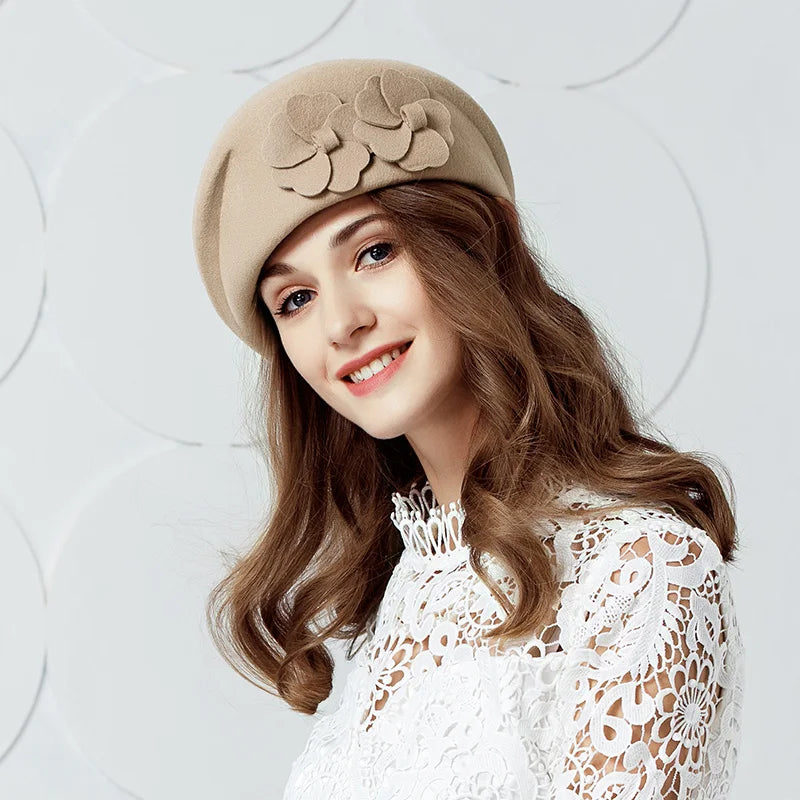 EE 3087  100% Wool Hat/ French Beret/ Vintage /Elegant/Special Occasion/ Casual Headpiece Christmas/ Hats with Floral Casual