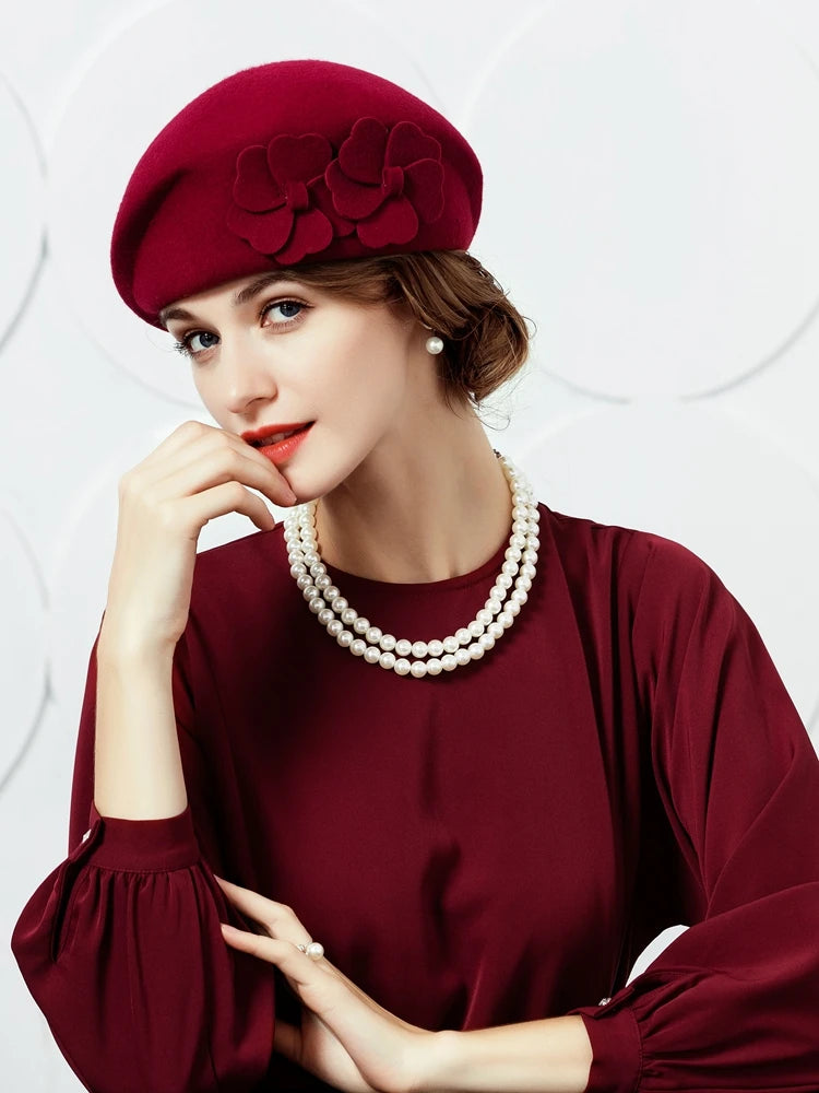 EE 3087  100% Wool Hat/ French Beret/ Vintage /Elegant/Special Occasion/ Casual Headpiece Christmas/ Hats with Floral Casual