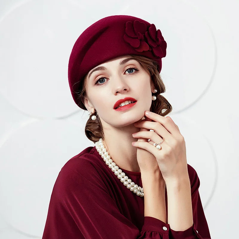EE 3087  100% Wool Hat/ French Beret/ Vintage /Elegant/Special Occasion/ Casual Headpiece Christmas/ Hats with Floral Casual