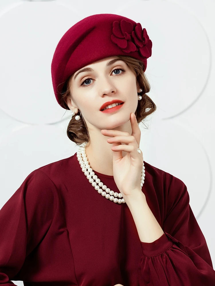 EE 3087  100% Wool Hat/ French Beret/ Vintage /Elegant/Special Occasion/ Casual Headpiece Christmas/ Hats with Floral Casual