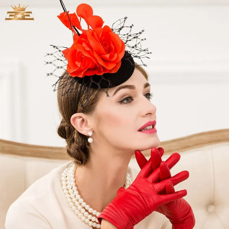 EE 3090 qiu dong elegant headdress small bump color wool hat gauze adult hat red hat female flowers