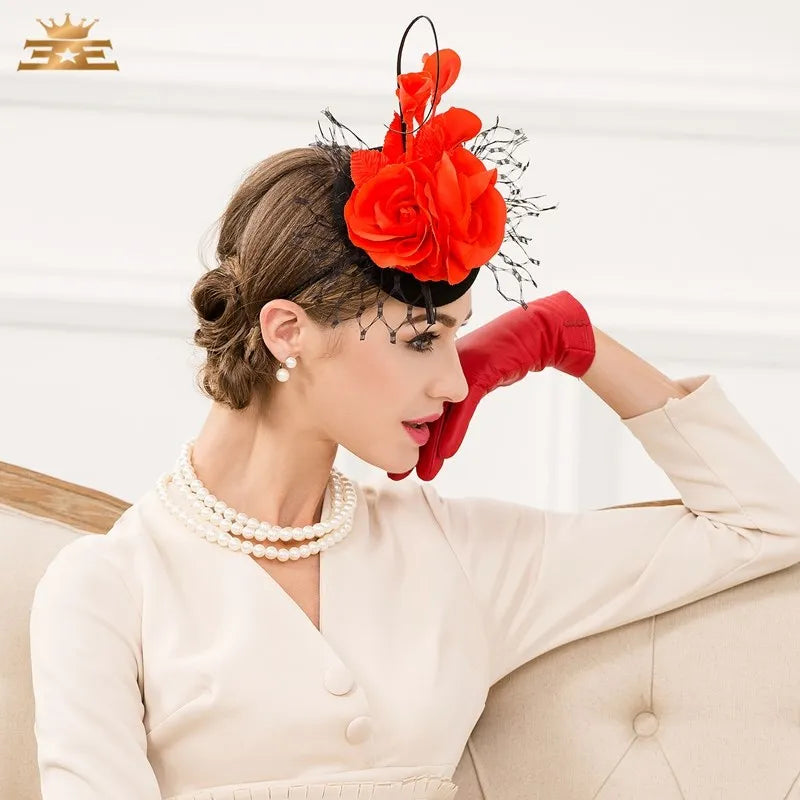 EE 3090 qiu dong elegant headdress small bump color wool hat gauze adult hat red hat female flowers