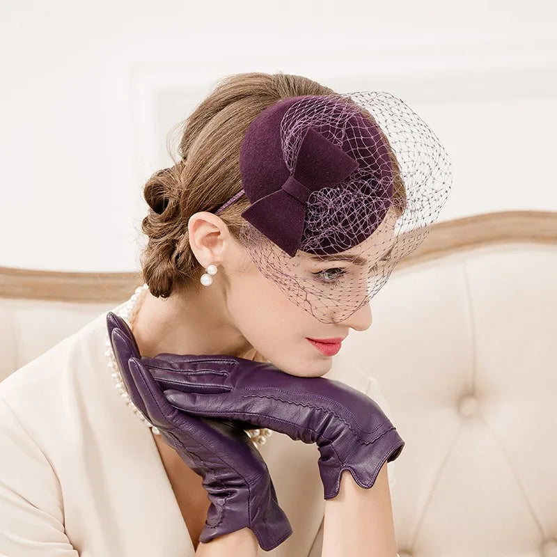 EE 3092 female retro vintage wine red wool hat English party homburg woolen cloth cap