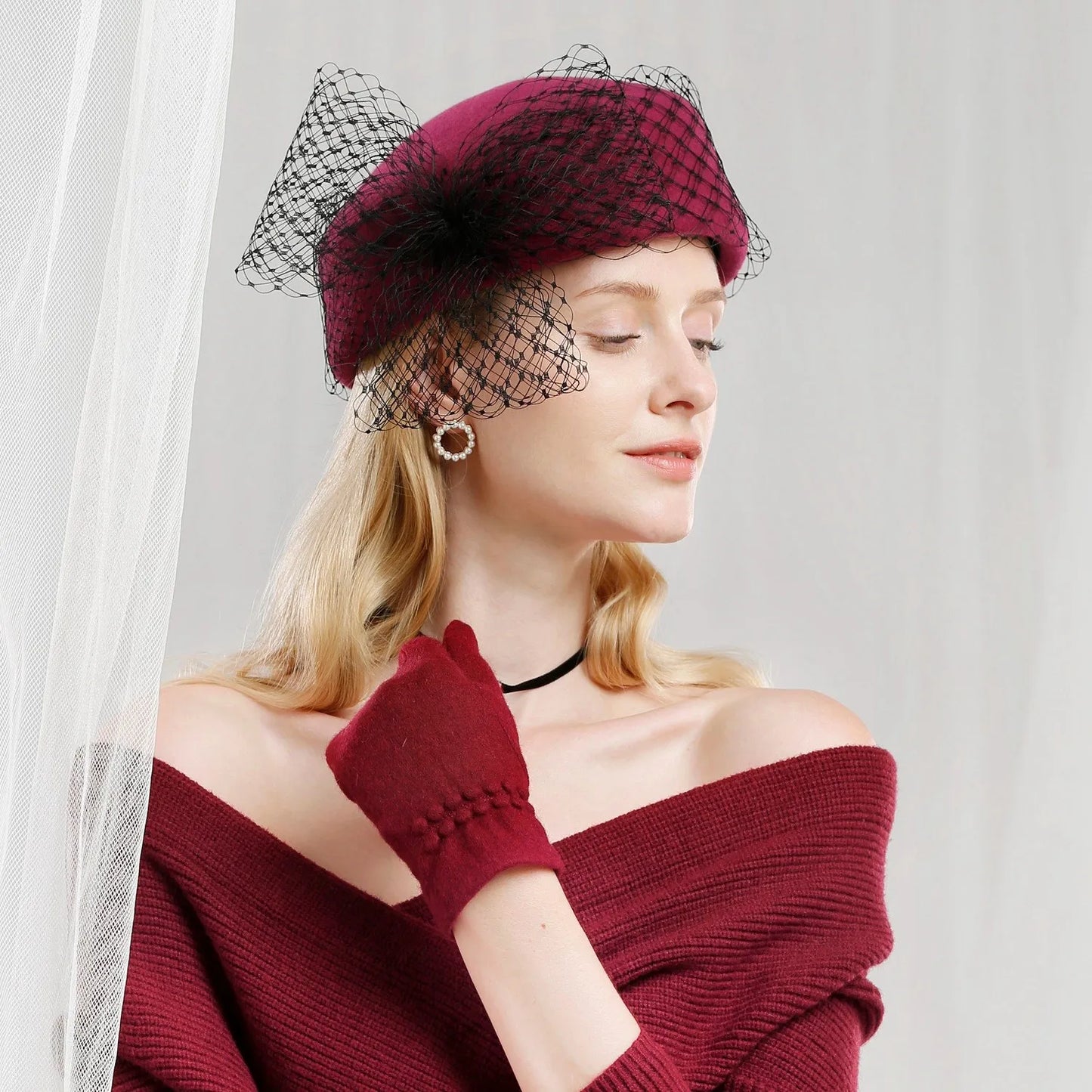 EE 3110 winter elegant joker tide of the new women's hat gauze restoring ancient ways British small wool hat in winter