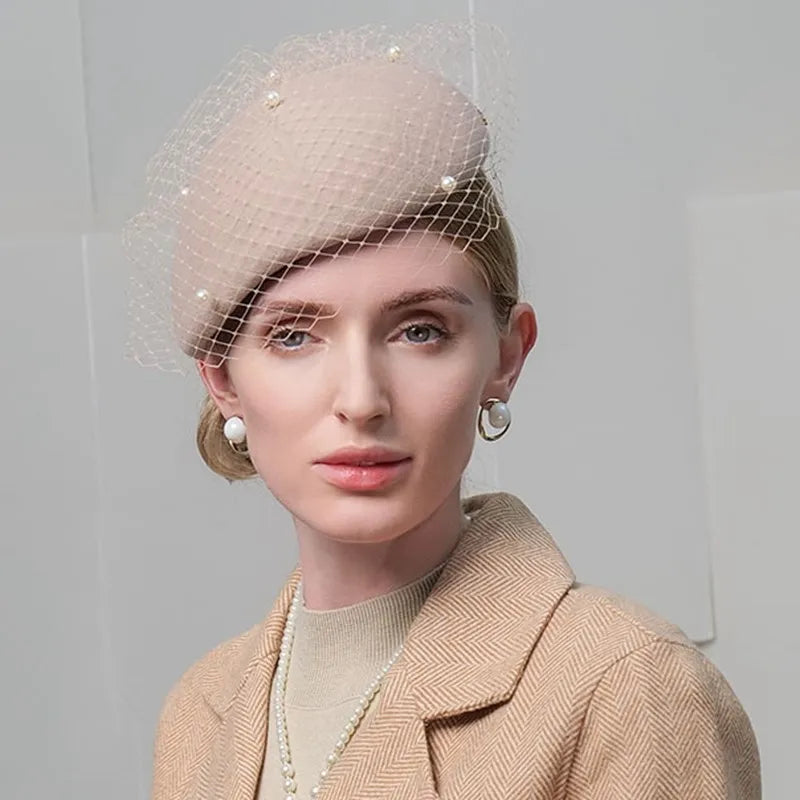 EE 3135  new winter British beret retro elegant cloth net yarn pearl wool hat female winter