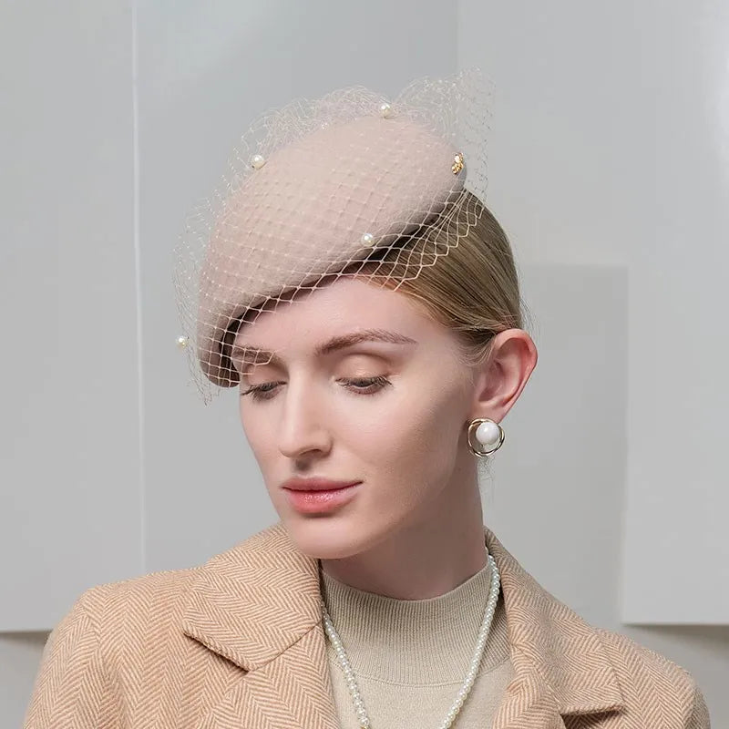 EE 3135  new winter British beret retro elegant cloth net yarn pearl wool hat female winter