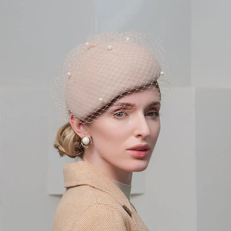 EE 3135  new winter British beret retro elegant cloth net yarn pearl wool hat female winter