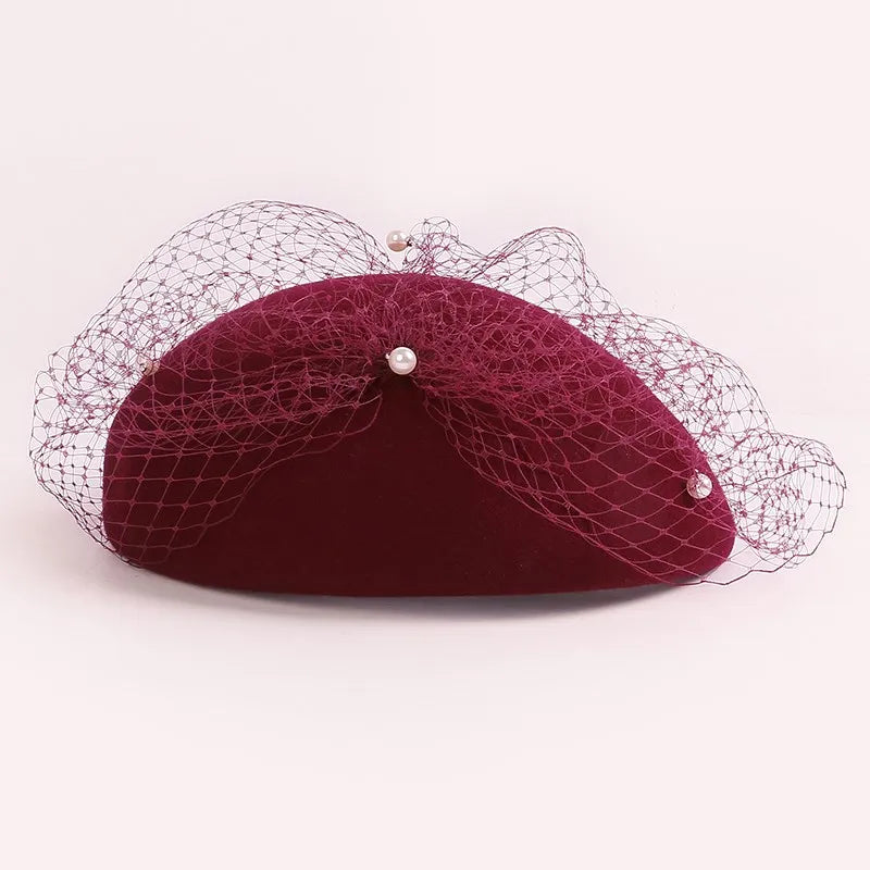 EE 3135  new winter British beret retro elegant cloth net yarn pearl wool hat female winter
