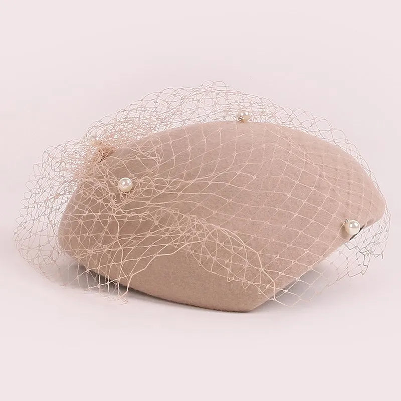 EE 3135  new winter British beret retro elegant cloth net yarn pearl wool hat female winter