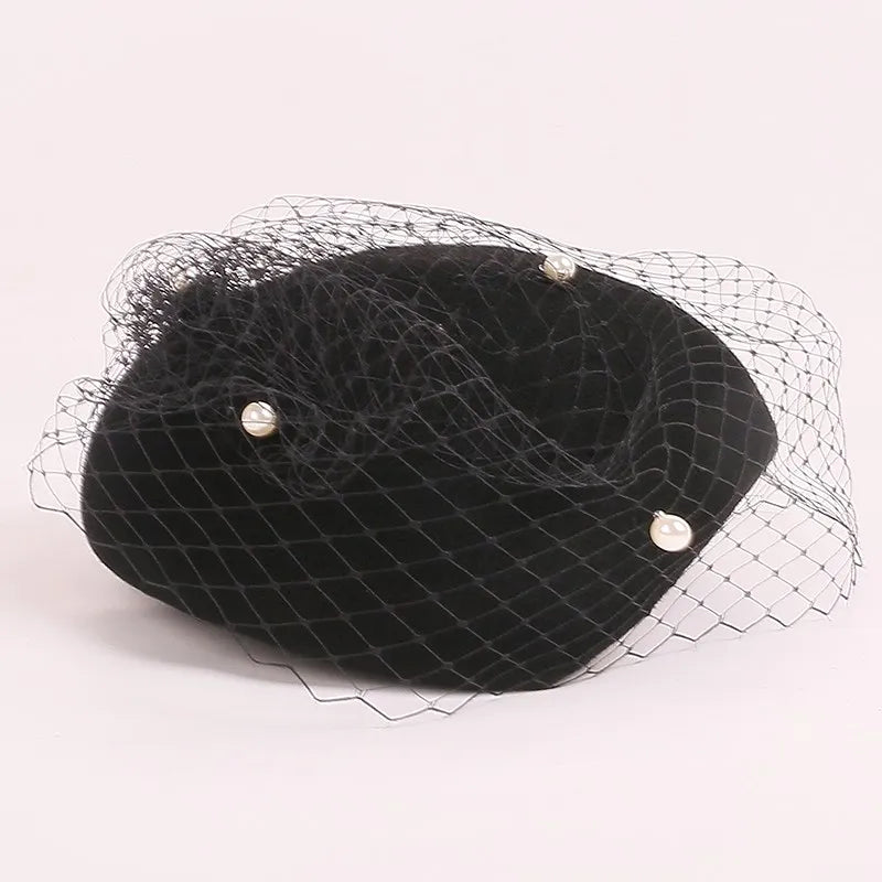 EE 3135  new winter British beret retro elegant cloth net yarn pearl wool hat female winter