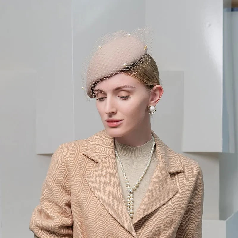 EE 3135  new winter British beret retro elegant cloth net yarn pearl wool hat female winter