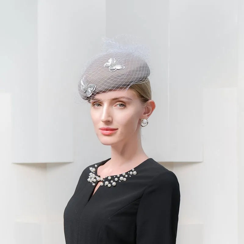 EE 3141  new winter white gauze restoring ancient ways British hat white wool beret female butterfly in the winter
