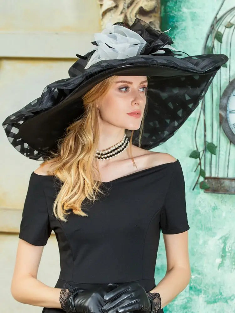 FADVES Women's Fancy/Wide Brim Organza Cocktail/Kentucky Derby Sun Hats/Floppy Hats/Church Hats