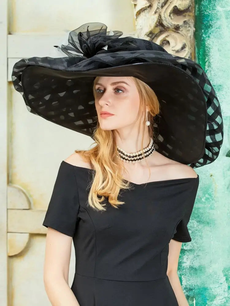 FADVES Women's Fancy/Wide Brim Organza Cocktail/Kentucky Derby Sun Hats/Floppy Hats/Church Hats