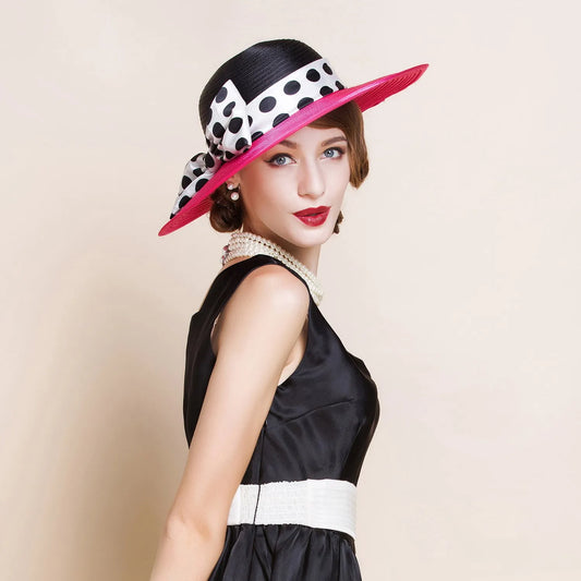EE 4025 Spring/Summer Dome Bowknot Wave Dot Big Eaves Sunshade Sunscreen Straw Hat English Elegant Hat Female Summer